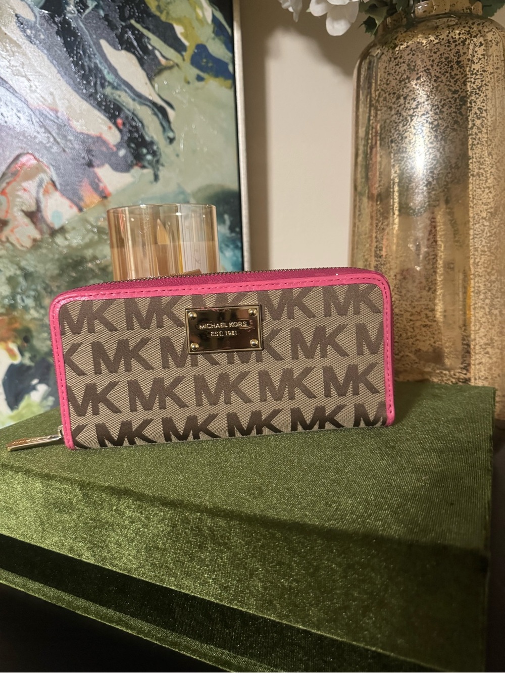 Michael Kors Brown MK Logo Zip Wallet with Pink Trim